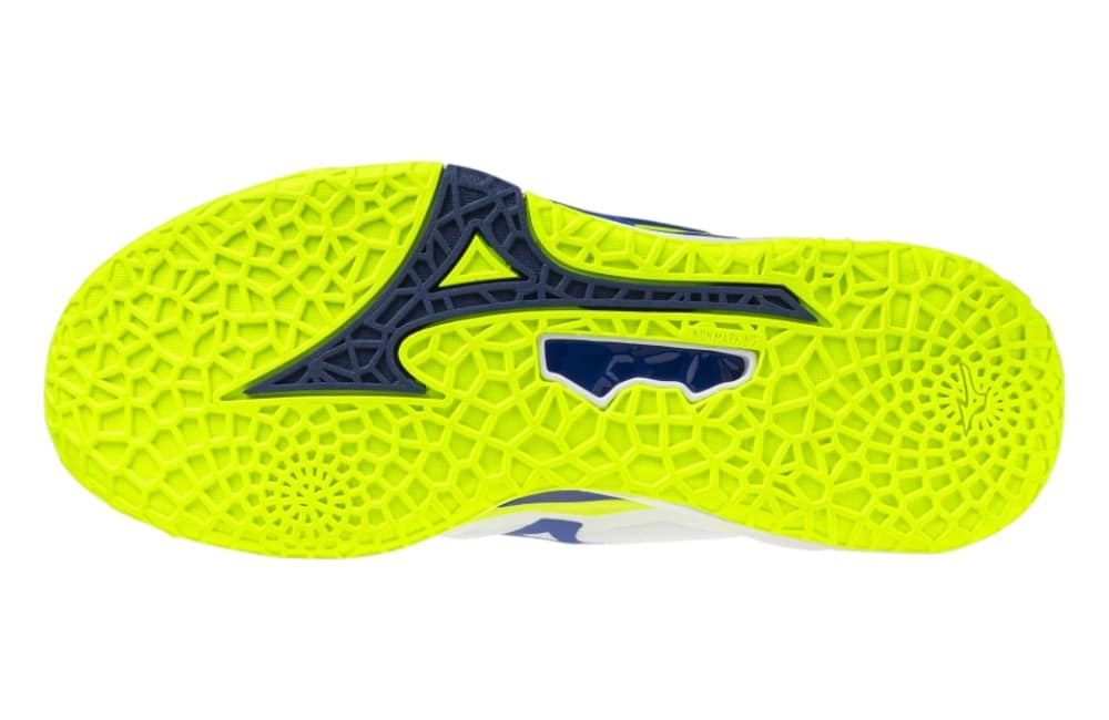 Mizuno Wave Stealth NEO 2 White Lightning Yellow Dazzling Blue sole